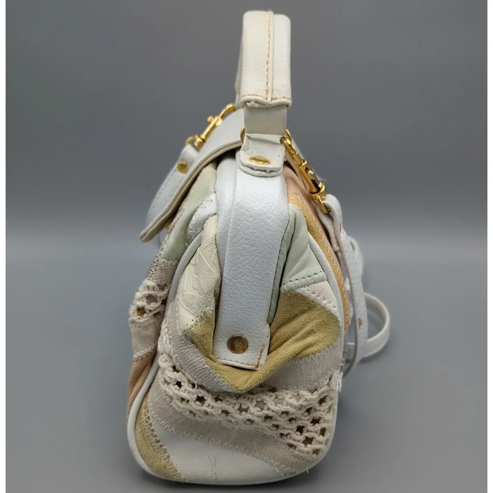 Vtg 80s White Pastel Patchwork Purse Leather Crochet‎ Shoulder Handbag Crossbody
